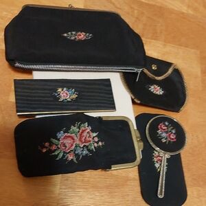 Vintage Embroidered Black  Vanity Set | Mirror, Coin Purse WESTERN GERMANY
